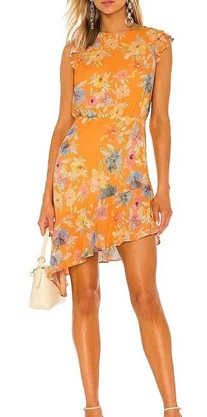 Amanda Uprichard Ibiza Floral Mini Dress Asymmetrical Hem Orange Small thumbnail 1