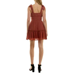 NWT Trixxi Juniors Square-Neck Tie-Strap Fit Flare Mini Dress Brown Orange S thumbnail 3