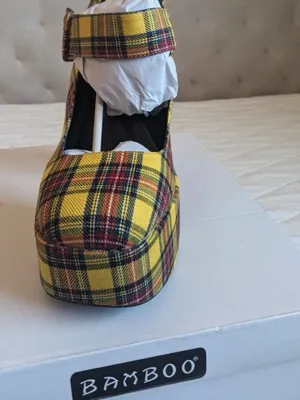 Bamboo Yellow Plaid Platform Mary Jane Chunky Block Heel Tartan Plaid Retro 90s thumbnail 2