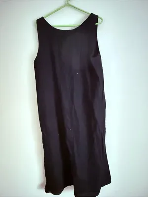 DKNY V-Neck Linen Blend Maxi Dress Black Coastal Beachy Side Slits Resort L thumbnail 4