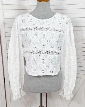 Zara Eyelet Balloon Sleeve Crop Top Shirt White Medium Cottagecore‎ Boho Country thumbnail 1