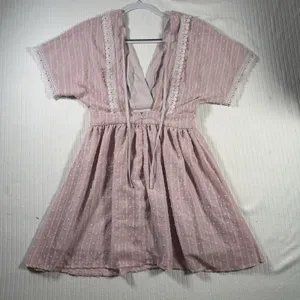 SHEIN Womens Small Pink Swiss Dot Lace Trim Mini Dress Short Sleeve Boho thumbnail 5