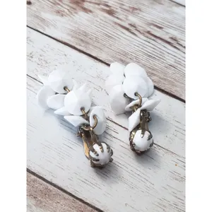 Vintage Clip On Earrings White Dangle - 1 & 5/8" Long thumbnail 3