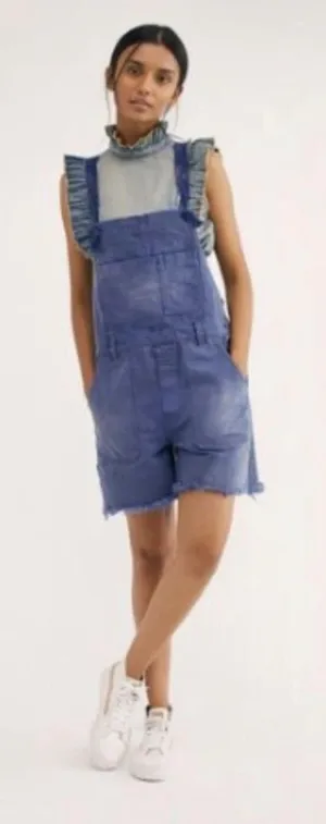 Free People Denim Shortalls Blue Cotton Carpenter Utility Frayed Shorts Size 2 thumbnail 1