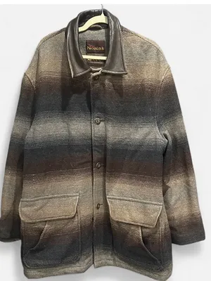 Vintage Southwestern Wool Blend Barn Coat Genuine Leather Collar L thumbnail 3