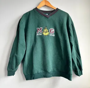 Vintage Dr. Seuss Brand Mister Grinch Embroidered Sweatshirt V Neck Size Unknown thumbnail 1