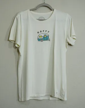 Life is Good Women's Large Happy Camper Graphic T-Shirt Cream Cotton Outdoors thumbnail 1