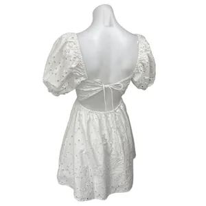 Zara Women's White Short Puff Sleeve Eyelet Embroidered Fit & Flare Mini Dress M thumbnail 2