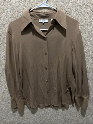 Vince button down shirt long sleeve small tan brown neutral capsule minimal FLAW thumbnail 1