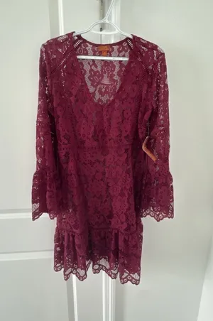 Scully Honey Creek Burgundy Lace Bell Sleeve Dress Size M thumbnail 1