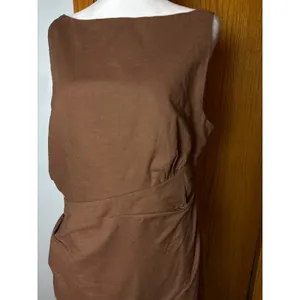 Commense Brown Cotton Linen Ruched Draped Mini Dress Boat Neck NWT Size L thumbnail 3