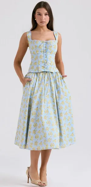 House of CB Cora Gathered Lace-Up Cotton Midi Skirt Soft Blue Vintage Floral thumbnail 1