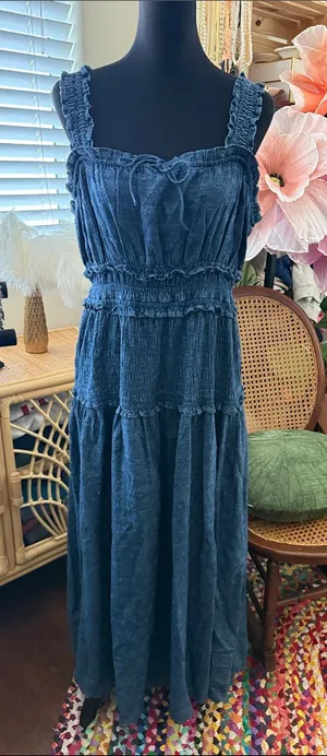 Gap x DOEN Blue Eyelet Lace Denim Boho Hippie Femme Cottage Midi Maxi Dress thumbnail 1