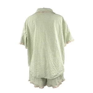 Fiarady Green Gingham Check Ruffle Button Up Shirt Short Sleepwear Pajama Set XL thumbnail 3