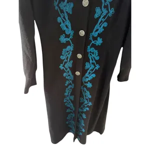 Chelsea & Theodore Black Boiled Wool Teal Embroidered‎ Duster Cardigan Coat L thumbnail 3