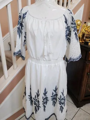 Anthropology Kindred White Embroidered Mini Dress with Navy Floral Accents thumbnail 2