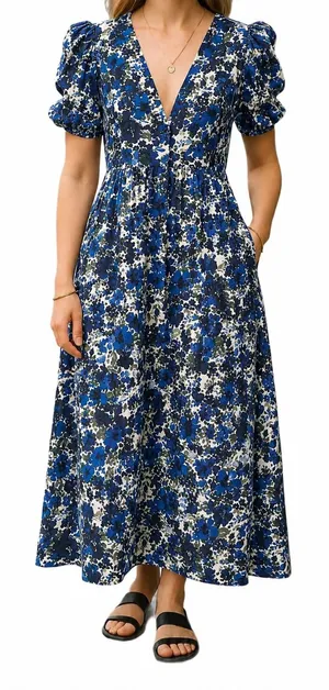 Farylina Floral Blue V-Neck Front Slit Maxi Dress - NWOT - Size XL thumbnail 1