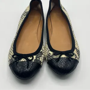 J Crew Factory Sz 7 Ballet Flats Slip On Shoes Snakeskin Print Black Cream thumbnail 3