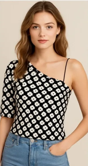 Anthropologie Eva Franco NWT Small One Shoulder Jacquard Daisy Floral Top thumbnail 1