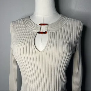 Y2K Vintage Cache Cream Silk Blend Rib Knit Keyhole Square Ring Going Out Blouse thumbnail 3