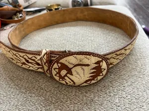 Handmade Embroidered Horse Leather Brown & Cream Western Belt Rare thumbnail 3