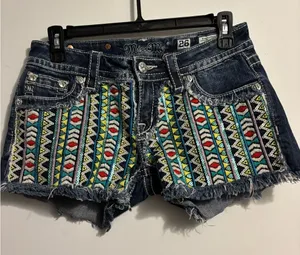 Miss Me Blue Jean Shorts with Vibrant Geometric Design thumbnail 1