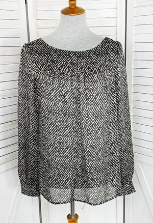 Ann‎ Taylor Loft Printed Pullover Blouse Cream Black Medium Long Sleeve thumbnail 1