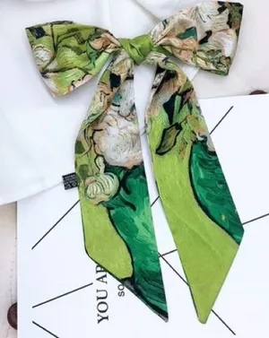 Summer Retro Hair Tied Oil Painting Long Silk Scarf Band Braided Chiffon new thumbnail 1
