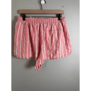 Aerie Pink‎ White Striped Linen Blend Smocked High Waist Shorts Womens Large thumbnail 3