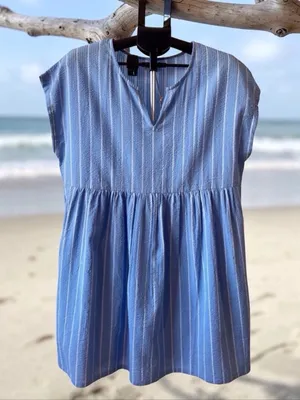 World Market Blue Stripe Seersucker Babydoll Tunic Dress NWT One Size Summer thumbnail 6