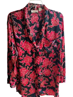 Vintage Gold‎ Tag Victoria's Secret 90's Black Red Floral Satin Sleepshirt Sz L thumbnail 1
