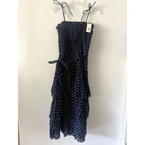 Tory Burch Printed Ruffle Dress Polka Dot Smocked Midi Navy White NWT Size M thumbnail 4