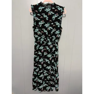 J. Crew Black Botanical Bees Print Smocked Waist Ruffle High Neck Midi Dress M thumbnail 4