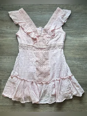 Pale Pink Eyelet Ruffle Coquette Mini Dress Femenine Cottagecore Gatherings Sz L thumbnail 1
