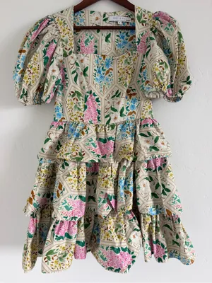Hunter Bell Porter Dress Size 6 Floral Tile Puff Sleeve Tiered Mini Dress thumbnail 2