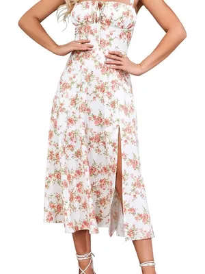 NWT Amazon Summer Corset Dress Floral Midi Dress with Pink Blossoms thumbnail 1