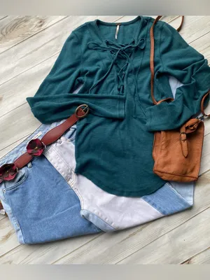 Free People teal knit long sleeve lace up V neck tee top retro Y2K boho peasant thumbnail 9