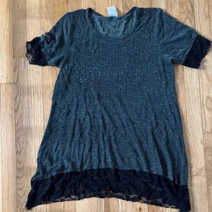 vocal USA charcoal gray knit black short sleeve tunic lace studded bling large thumbnail 1