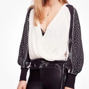 Free People Auxton Thermal Wrap Top Ivory Black Floral Waffle Knit Shacket S thumbnail 3