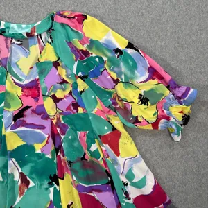 J Jordan Emerald Floral Pleated Blouse Women's Small Tunic Balloon Sleeve V-Neck thumbnail 4
