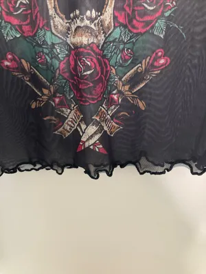 SinfulBlack Sheer Long Sleeve Crop Top with Red Rose & Gold Skull Graphic thumbnail 6