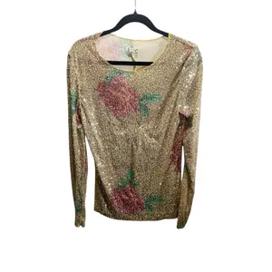 Free‎ People XL Floral Gold Sequin Long Sleeved Top NWOT thumbnail 2