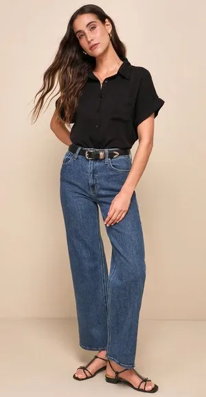 Lulus Black Short Sleeve Button-Up Top thumbnail 3
