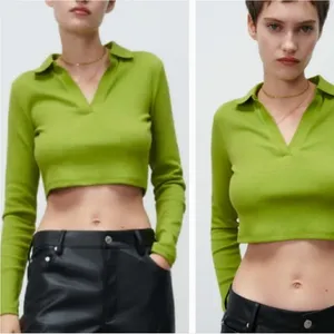 NWT Zara Green Ribbed Crop Top long sleeve collar medium thumbnail 2