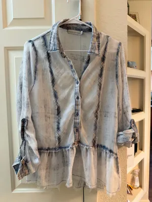 Paper Crane sheer flannel top light blue womens Medium thumbnail 1