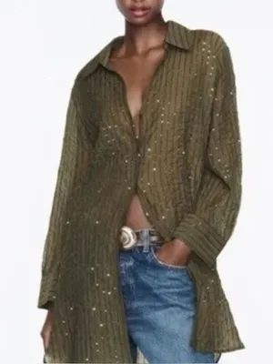 ZARA Woman's Sequin Oversized Tunic Top Shirt Olive Green M sheer casual coverup thumbnail 1