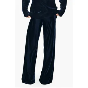 Mango Womens XL Velour Wide‎ Leg Pants Navy Blue Velvet High Rise Trousers thumbnail 2