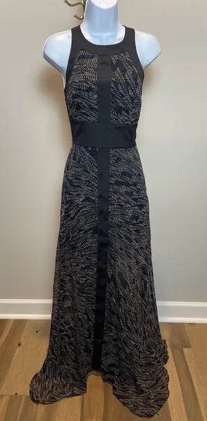 BCBGeneration Chiffon Maxi Dress Size 6 Black Tan Blue Accents Flowy thumbnail 1