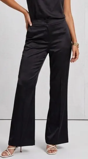 NEW ZARA WOMAN Black SATIN Flare Leg Trousers Dress Pants MEDIUM High Rise thumbnail 1