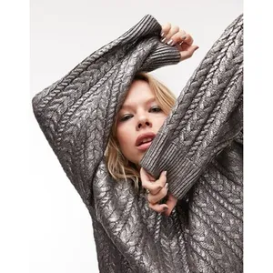 Topshop Premium Womens S Metallic Gray Chunky Knit Oversized Sweater Pullover thumbnail 2